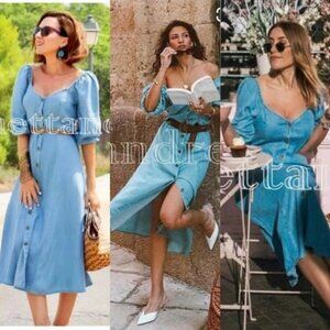 Zara Premium Denim Chambray Off Shoulder Midi Button Down Dress Blue Medium